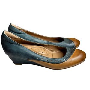 Mona Flying Women's Leather Wedge Pumps in a two-tone blue and tan color scheme